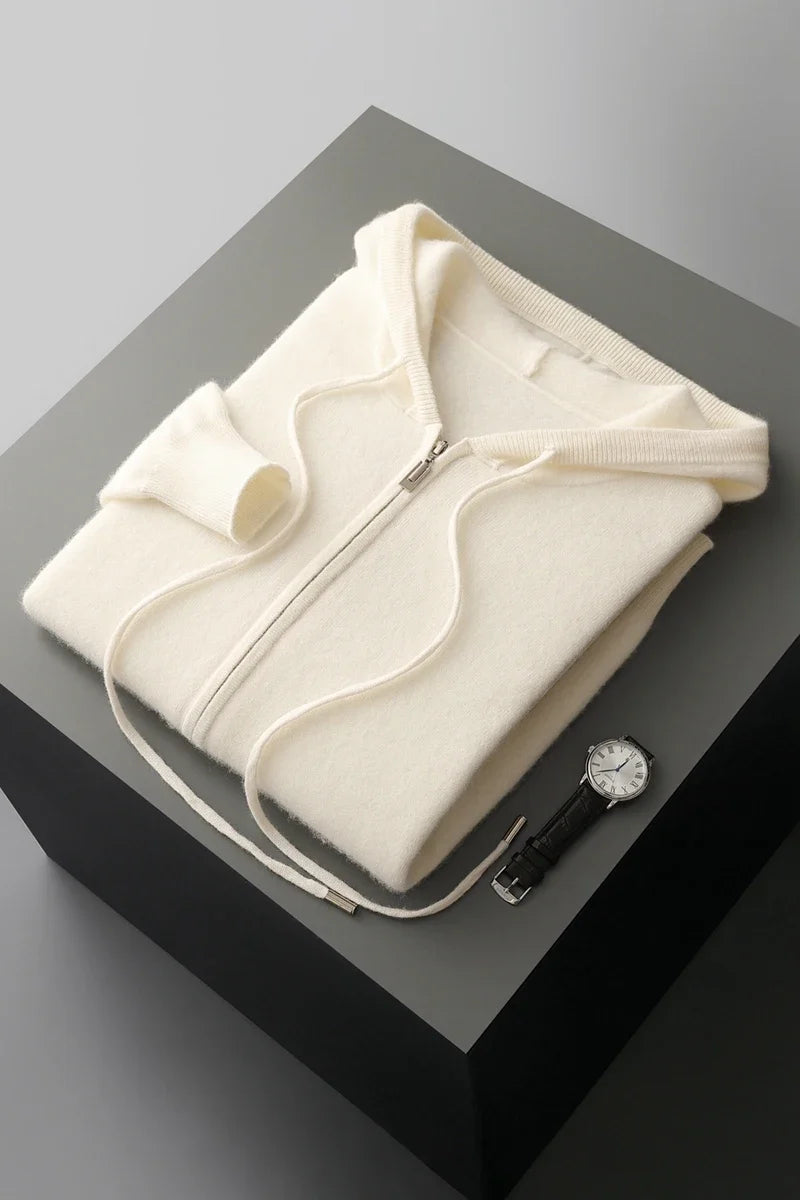 2025 New Men Knitted Plane Hooded Cardigan Cashmere Sweater Zipper Design Pocket Decoration High quality Thick Warmth Hoodie