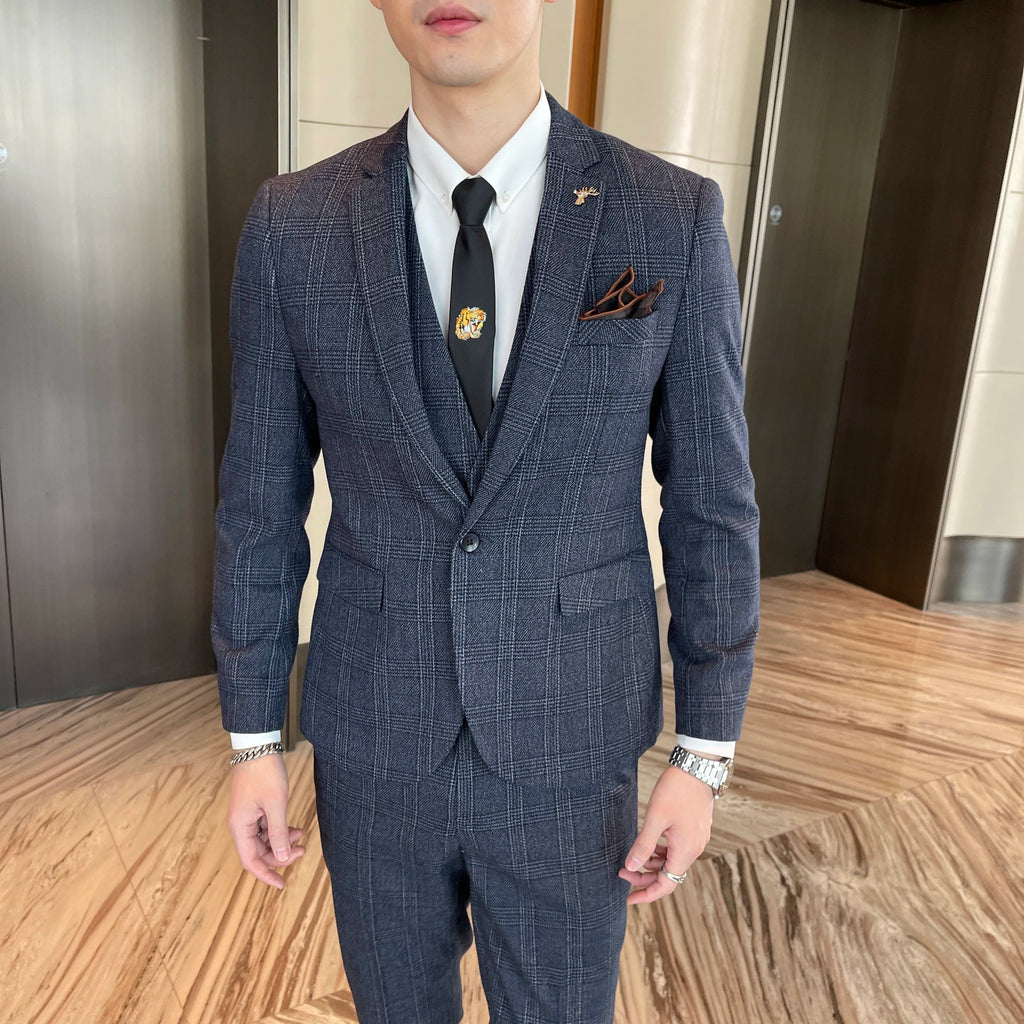 British Modified Plaid Three-Piece Suit for Men - Stylish Business Casual Suit Vest And Trousers Set