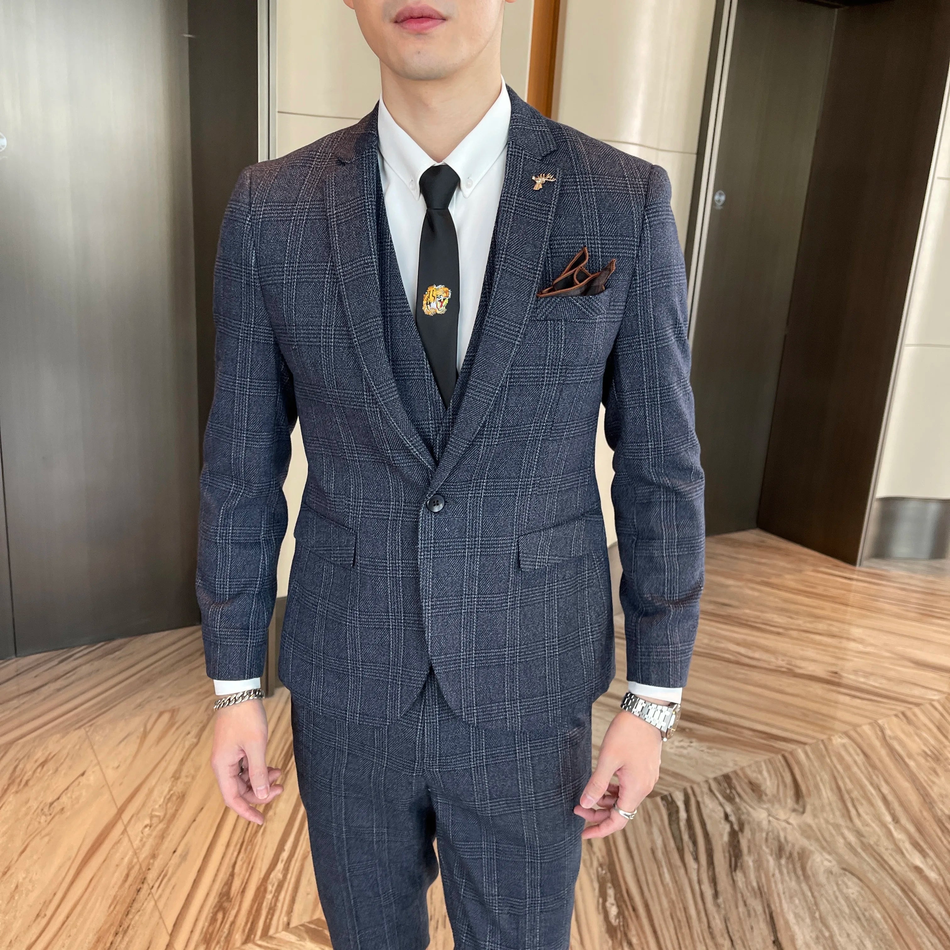 British Modified Plaid Three-Piece Suit for Men - Stylish Business Casual Suit Vest And Trousers Set