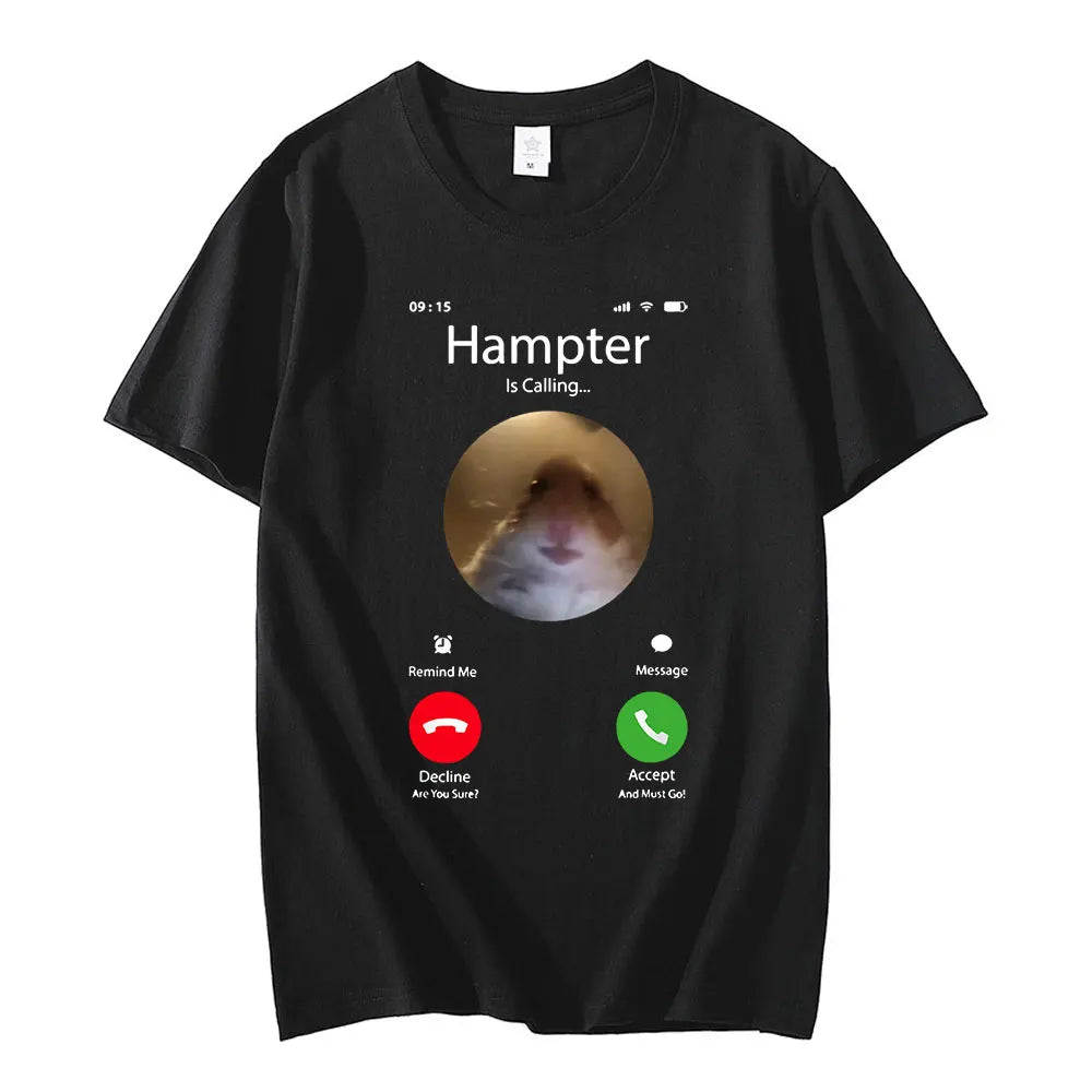 Dank Meme Hamster Staring Front Camera Hampter Calling تي شيرت أزياء بأكمام قصيرة تي شيرت كبير الحجم ملابس الشارع للجنسين