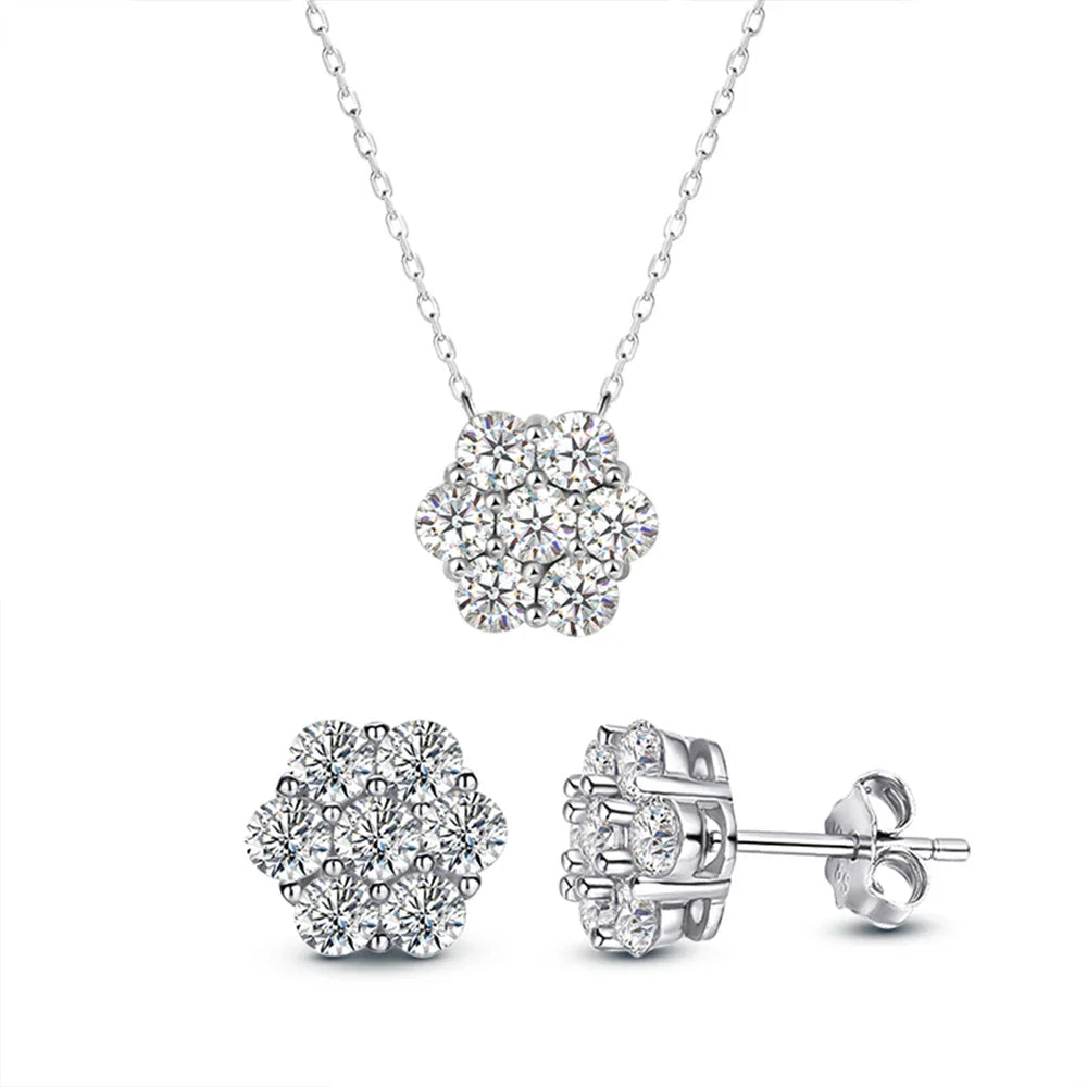 Real D Color Flower Full Moissanite Jewelry Sets for Women 925 Sterling Silver Diamond Pendant Necklace Stud Earrings Jewelry