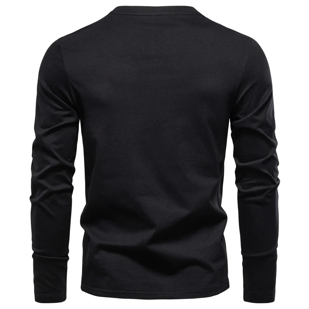 Men's 100% Cotton Henley T-Shirt Long Sleeve Solid Color with Fake Pocket Casual Comfortable Autumn Top