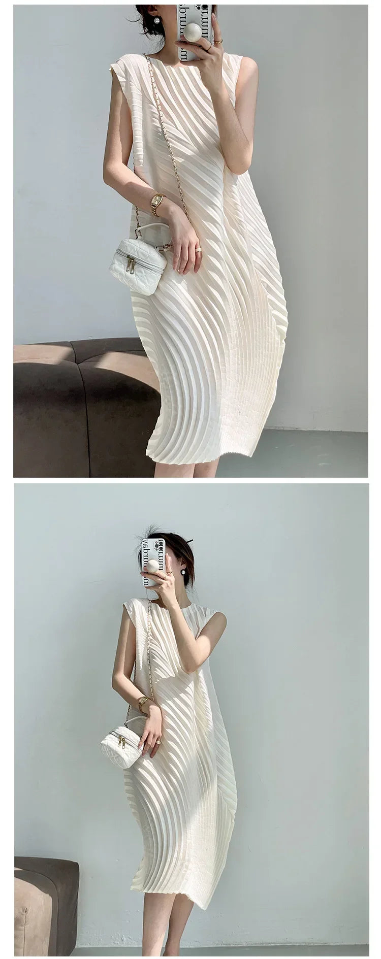 Hand Circle Pleated Sleeveless Dress Designer Long Round Neck Elegant Loose Summer Korean Style Aesthetic Clothes