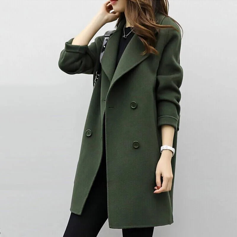 2025 Autumn/Winter New Women's Medium-Length Woolen Jacket Loose-Fit Slimming Double-Row Buttoning Overcoat