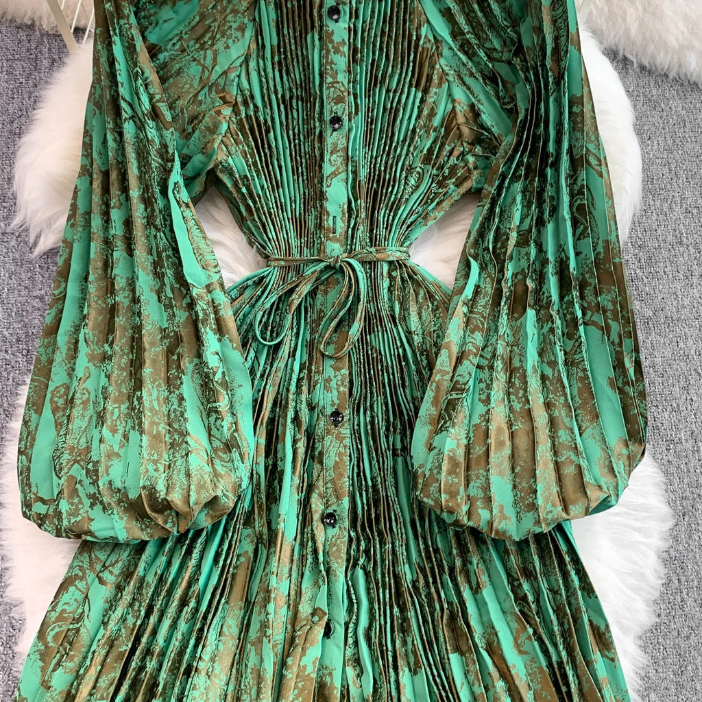 Printed round Ne Lantern Sve Dr Women's Single Button Waist Cinch Maxi Skirt Long Dr Commute Sle Autumn