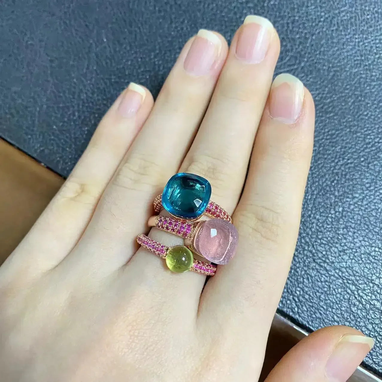 3Pcs/Set Nudo Ring Stacking Set for Women Mix Color Candy Crystal Inlay Zircon Amethyst Blue Topaz Round Jewelry Gift