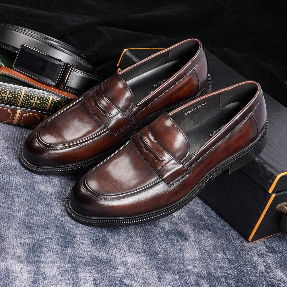 Men's Formal Leather Shoes British Style Oxford Loafers Round Toe Breathable Non-Slip Business Dress Wedding Office Casual Shoes