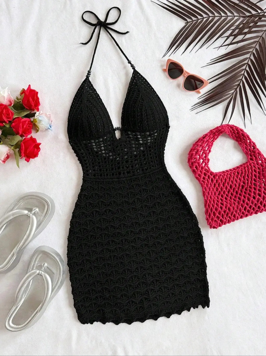 Summer Sexy V-Neck Hollow-Out Wooden Beads Fitted Dress, Vacation Spaghetti Strap Backless Ombre Knitted Dress, Suitable