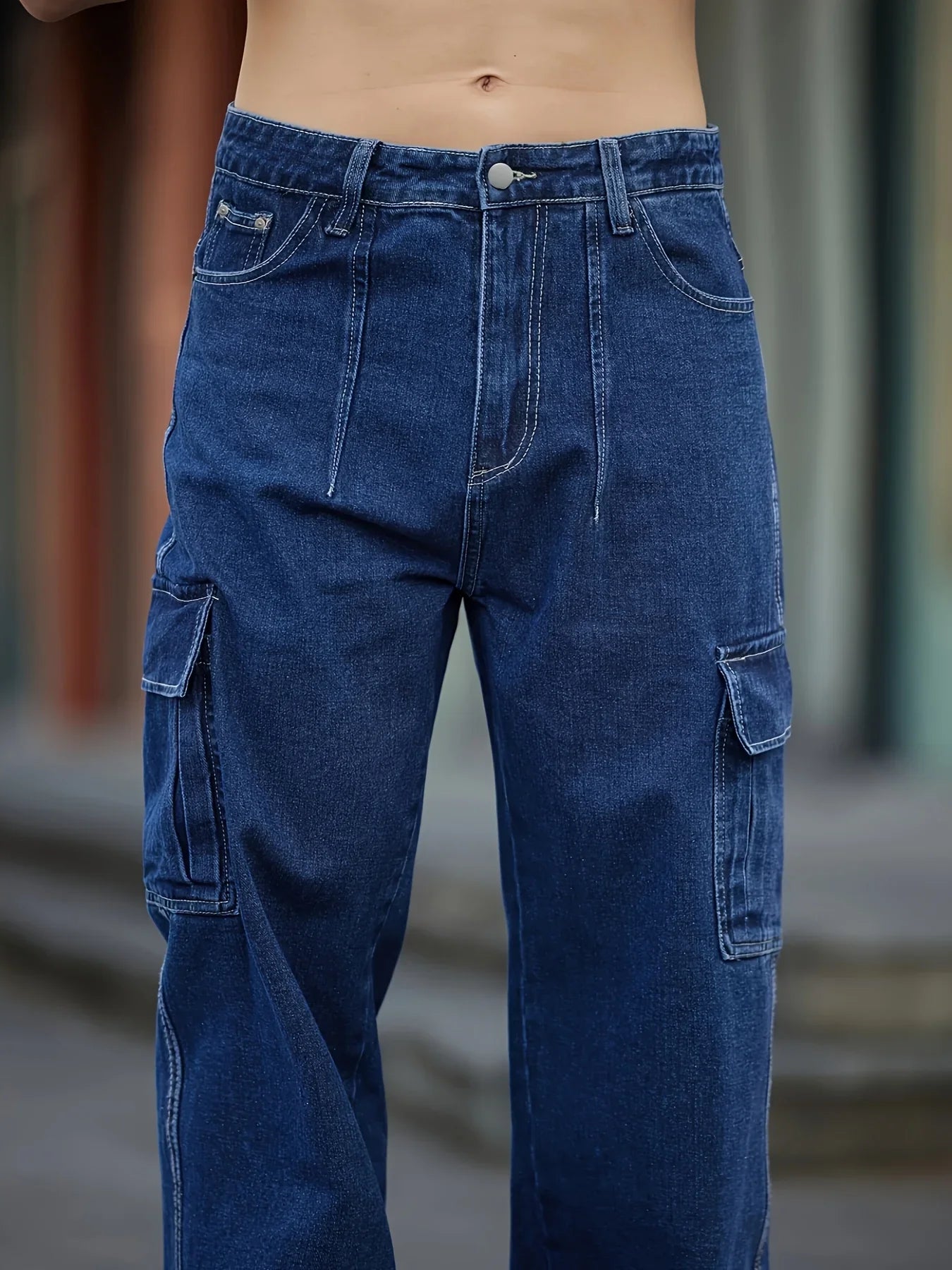 Men's Deep Blue Washed Denim Workwear Jeans Casual Multiple Pockets Design Loose Wide Leg Trousers Y2K Style Cargo Pants