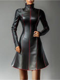 Women Pleated A-Line PU Leather Dress Long Sleeve Grunge Vintage Casual High Street Turtleneck Long Sleeve Mini Dresses 2025