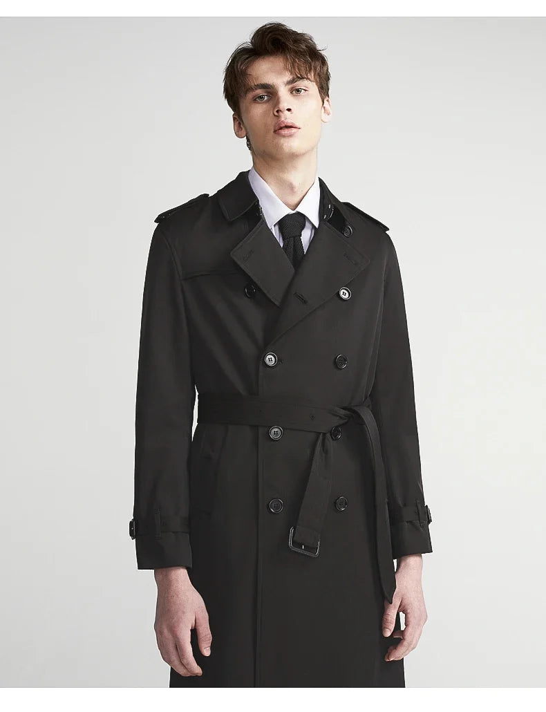 Spring Autumn Long Chic Khaki Trench Coat Men Belt Double Breasted Elegant Luxury British Style Black Overcoat 2025