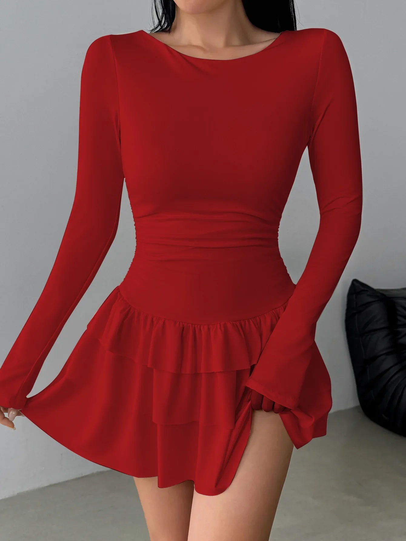Autumn Winter Solid Color Slim Fit Cascading Ruffles Mini Dress Women Elegant Flare Sleeve High Waist Sexy Party Bodycon Dresses
