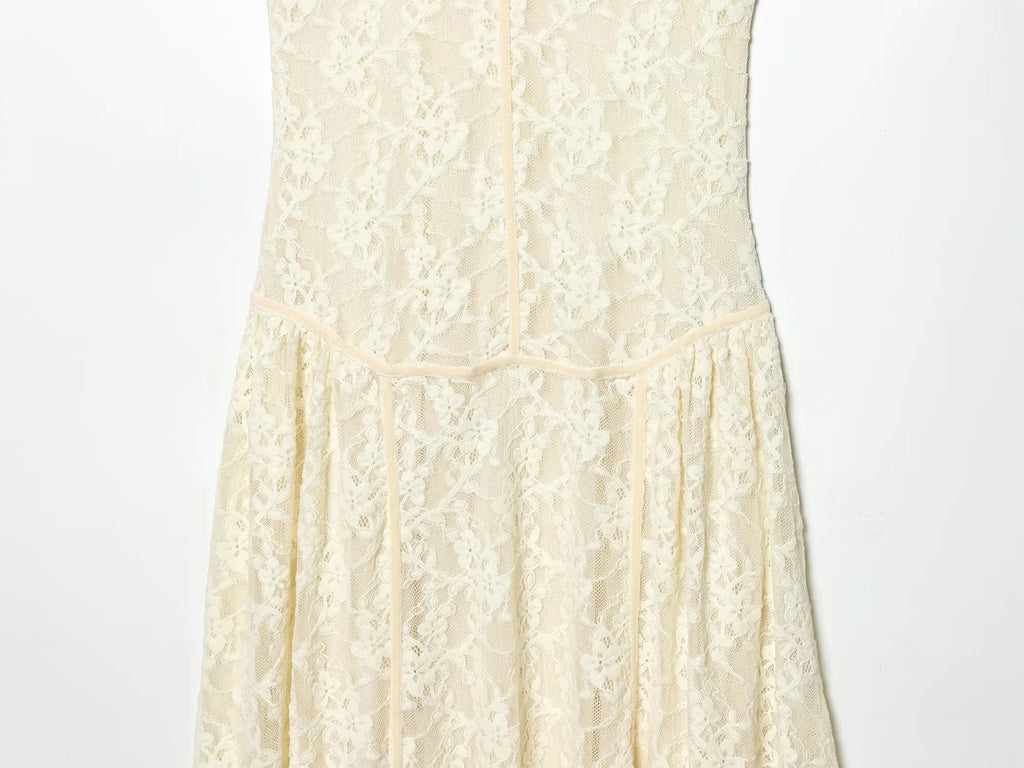 HH Women's Spring Summer Stylish Off‑White High Neck Lace Sleeveless Dress Female Elegant Temperament Zipper Long Party Dress