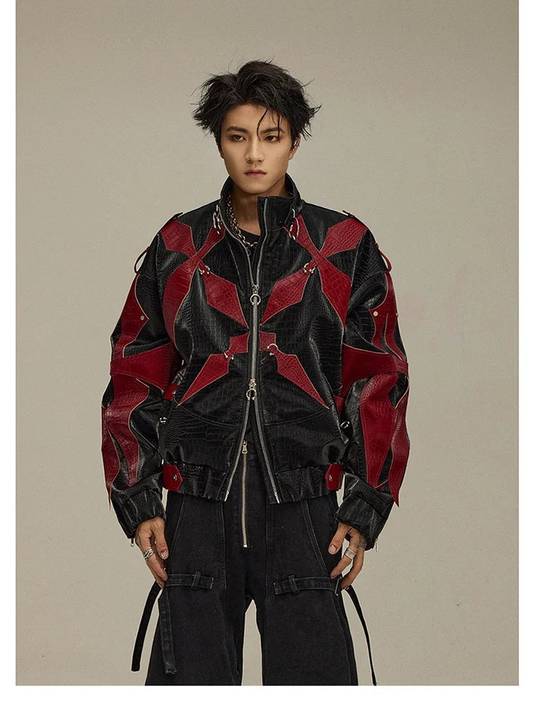 Spring Autumn Cool Handsome Crocodile Print Patchwork Pu Leather Jacket Men Color Block Luxury Designer Clothes 2024