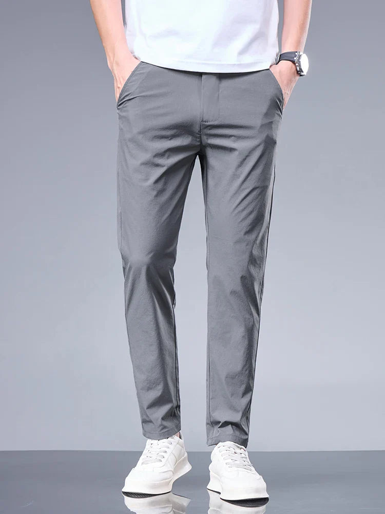 Business Ice Silk Pants Straight Elastic Waist Black Gray Trousers