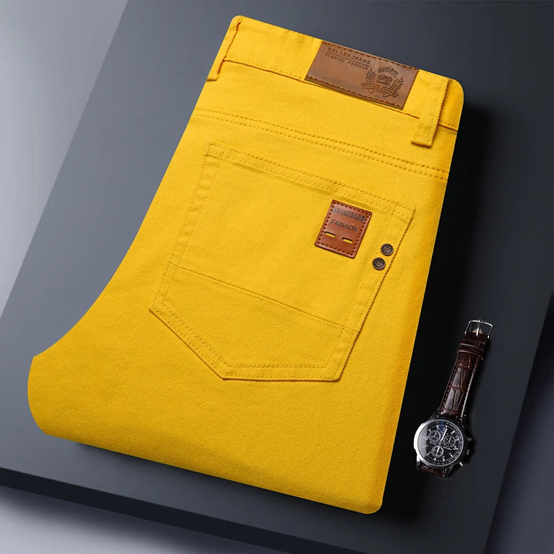 2025 Autumn Men's Elastic Colorful Jeans Breathable Casual  Straight Fitted Solid Color Denim Pants Korean Fashion Trousers