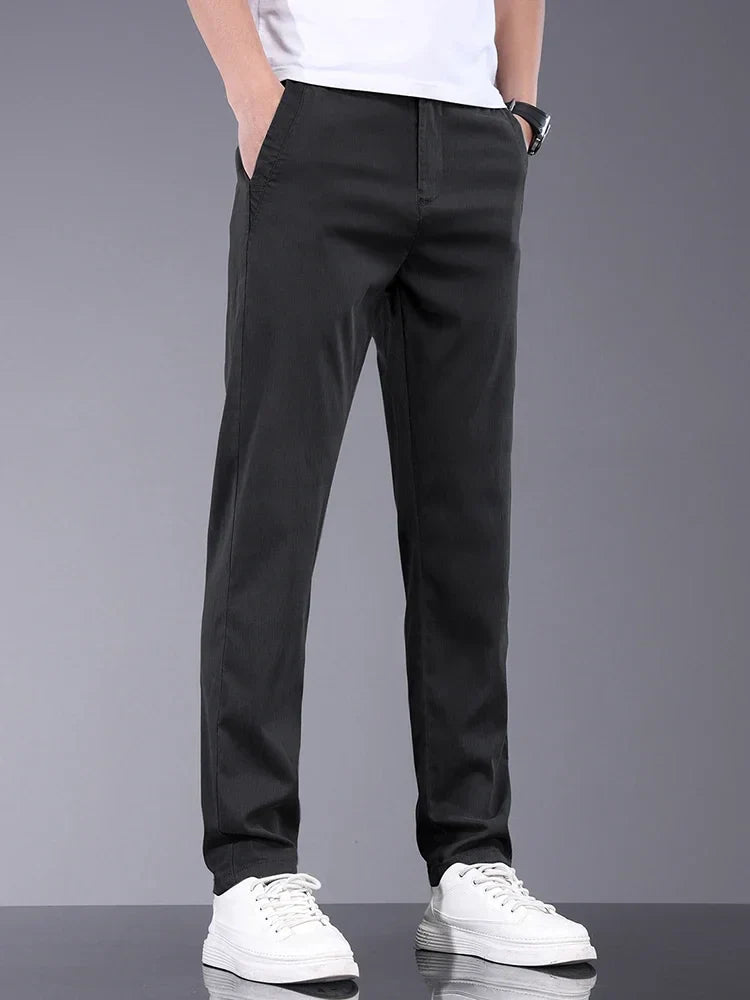 Lyocell Fabric Summer Thin Men's Casual Pants Slim Straight Elastic Waist Solid Color Business Work Trousers Brand Clothes
