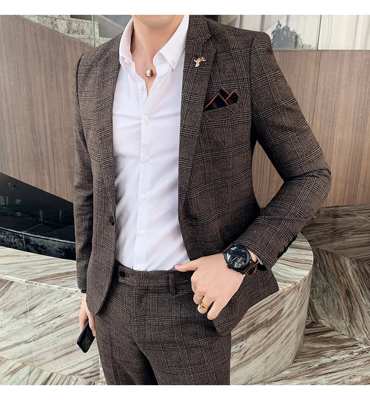 S-7XL Jacket + Pants / Luxurious High -end Brand Solid Color Men's Casual Business Slim Suit Two -piece Suit Groom Wedding Suit