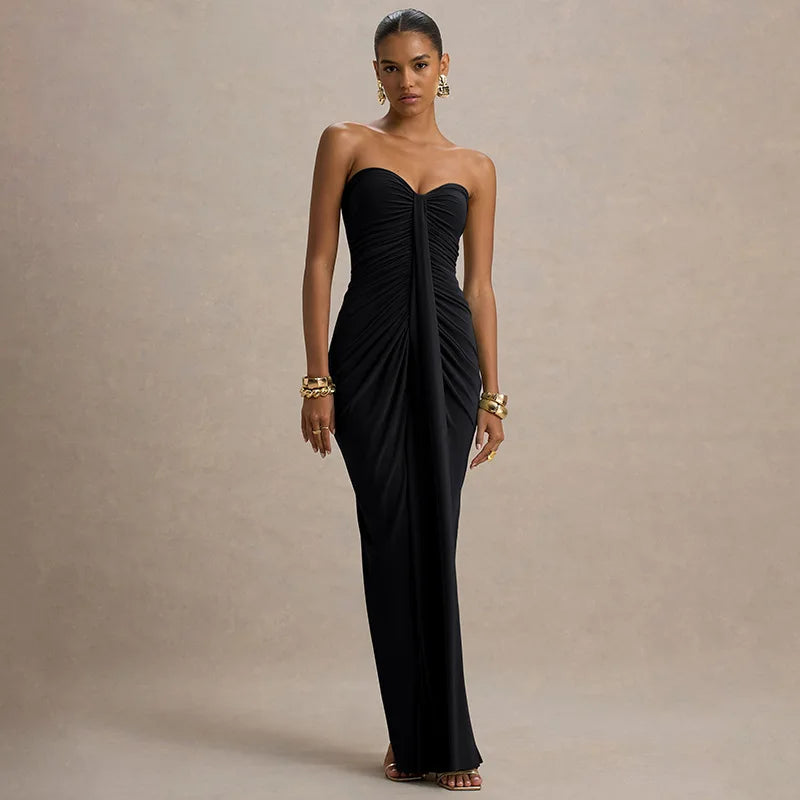 2026 Elegant Strapless Dress Women Classic Patchwork Ribbon Ruched Sexy Birthday Party Skinny Stretch Chic Clubwear Vestidos