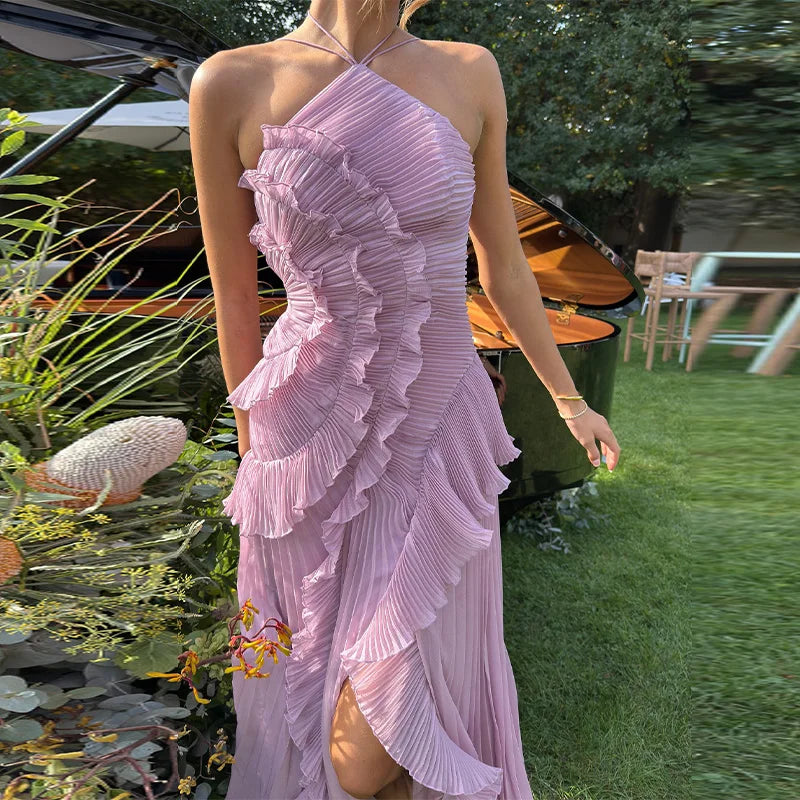 Elegant Neck Strap Ruffles Evening Gown Solid Folds A Line Lace Up Backless Sexy Party Dress 2025 New Party Vacation Y2k Robe