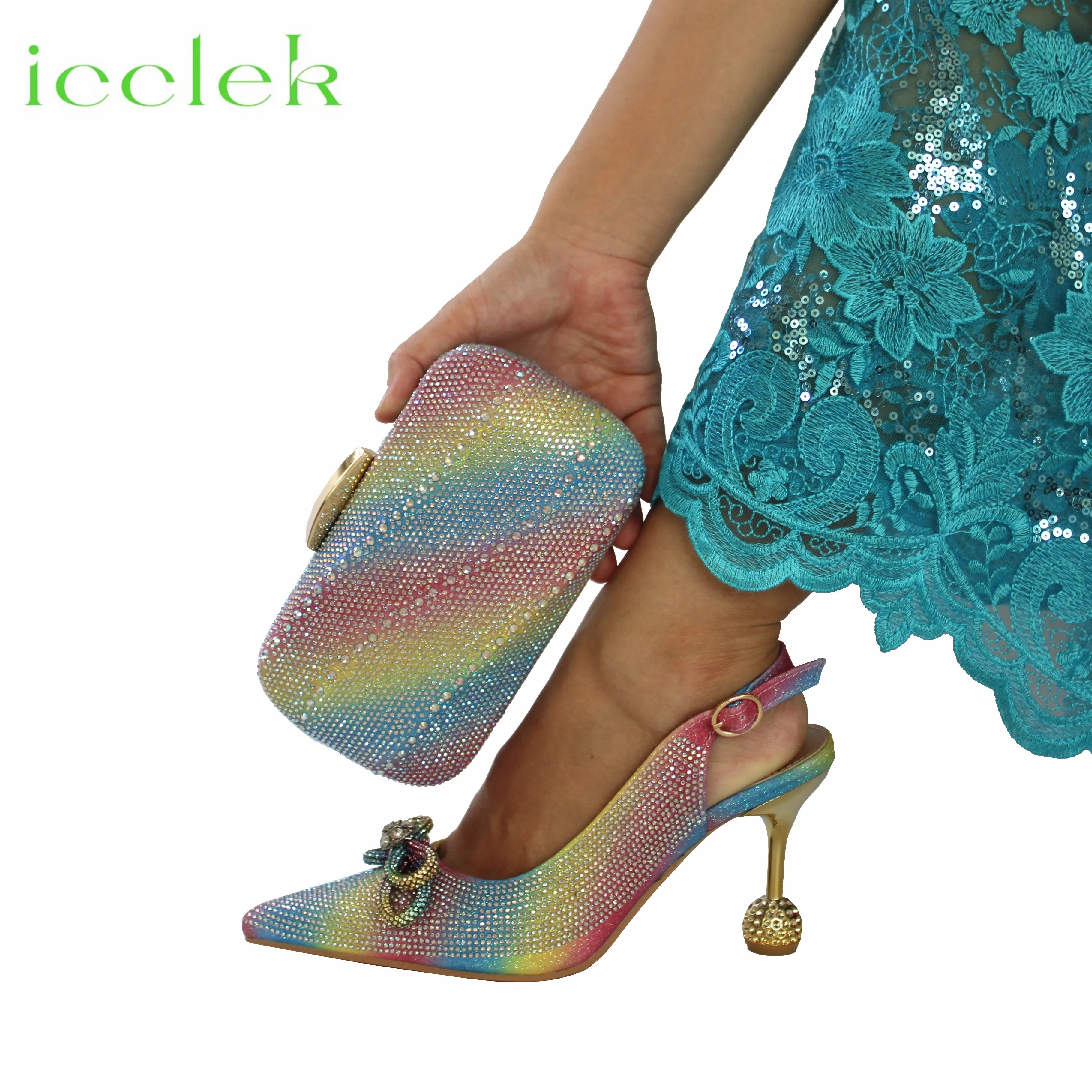 Wine Color Crystal Decoration Style Round Heels Friends Party Sandals and Bags