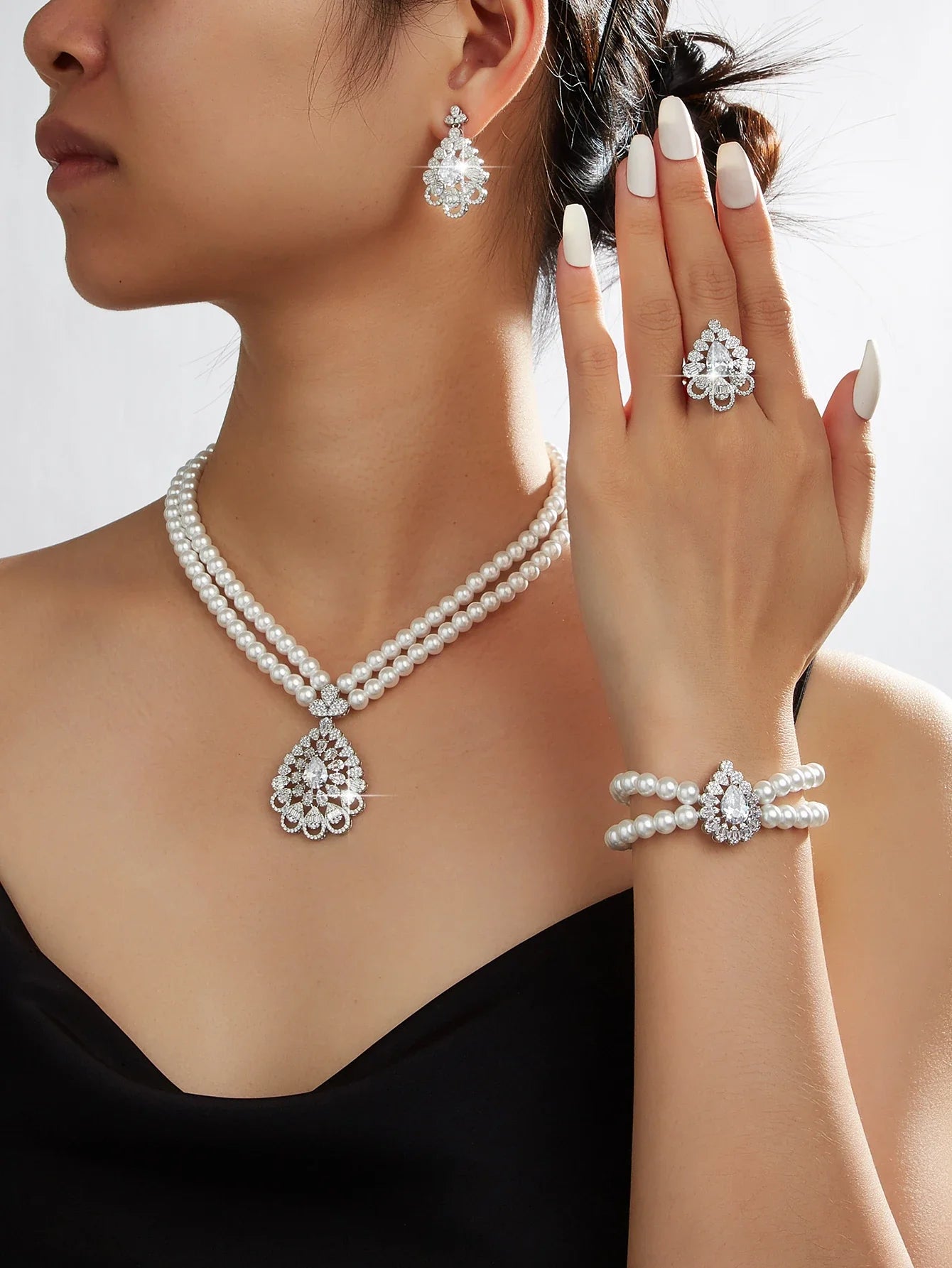 Trendy Pearl Tassel Necklace 4PCS Jewelry Set For Women Wedding Party Full Zircon Dubai Bridal Jewelry Set Gift
