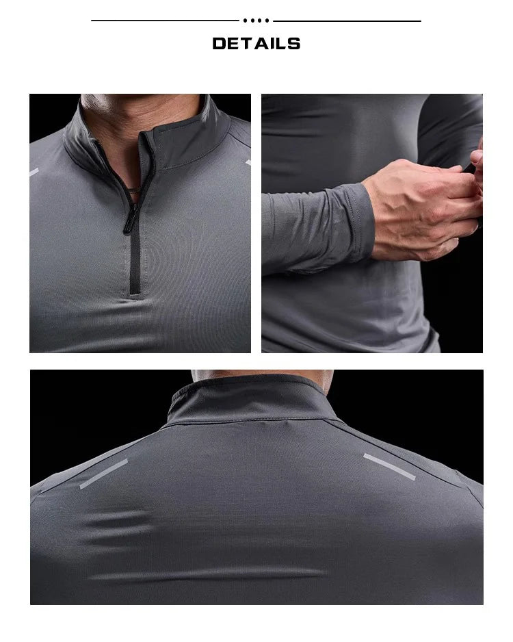 Men Long Sleeve Stand Collar Zipper T-shirt Gym Running Training Fitness Bodybuilding Sport Top Quality Elastic Tight Tops Tees