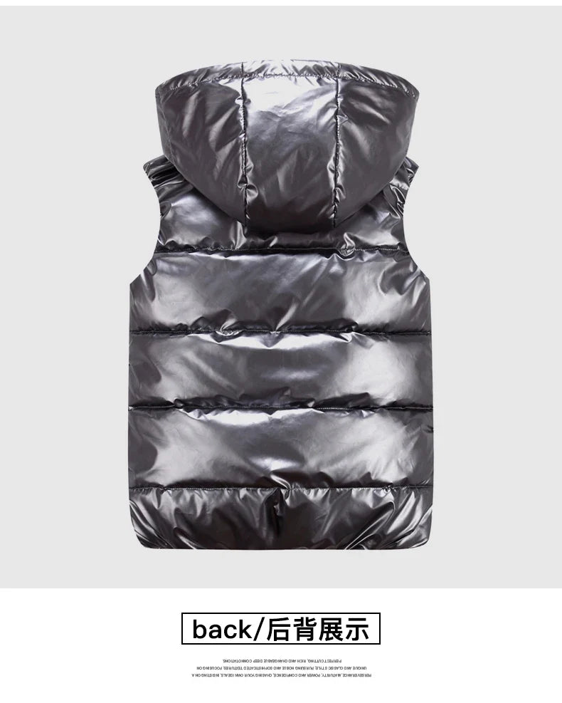 Classic Hooded Vest Man/Woman/Child Winter Hooded Glossy Cotton Vest Casual Waistcoat Men's Sleeveless Jacket Warm Overcoats Hat