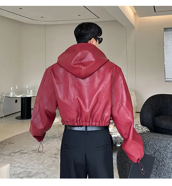Spring Autumn Short Waterproof Black Pu Leather Jacket Men Hood Zipper High Waist Loose Casual Korean Fashion 2025