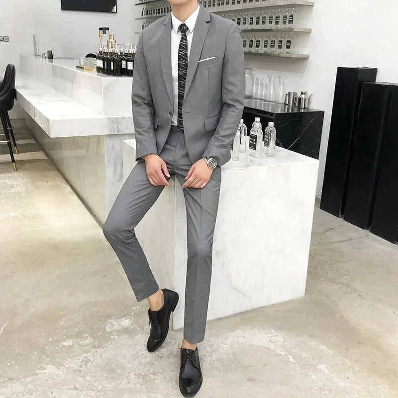 ( Jacket + Pants ) Fashion Boutique Solid Color Casual Business Mens Suit Groom Wedding Men Formal Social Suit Blazer 2 Pcs Set