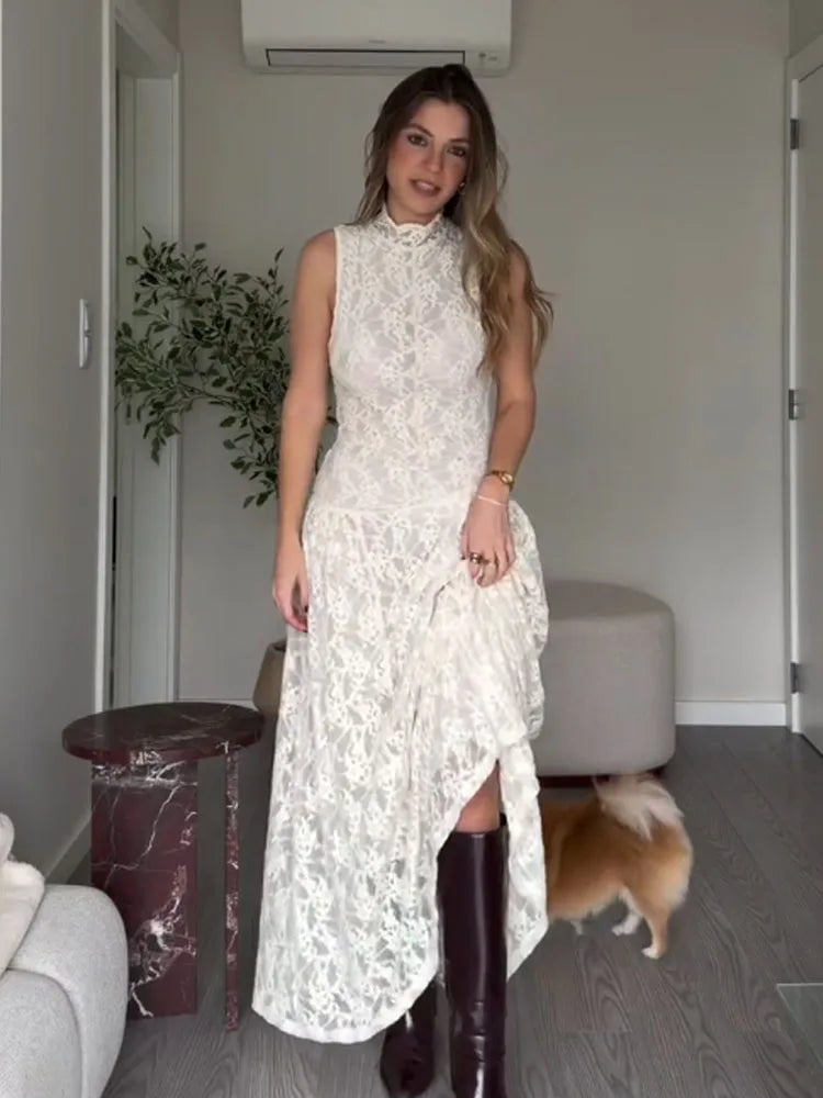 HH Women's Spring Summer Stylish Off‑White High Neck Lace Sleeveless Dress Female Elegant Temperament Zipper Long Party Dress