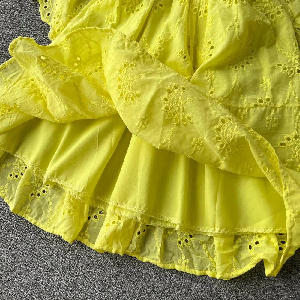 White/Purple/Blue V Neck Summer New Lace Embroidery Dress Women Short Sleeves Dresses Female Vintage Party Beach Midi Dresses