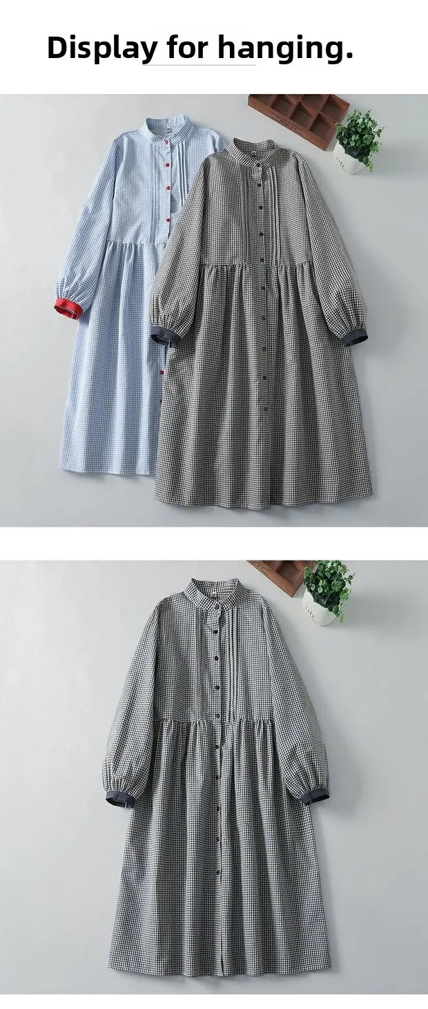 Sweet Japanese Sle Cotton Linen Plaid Long Sve Dr Women Spring Autumn Slimming Doll Dr Cardigan Stand Collar Long ...