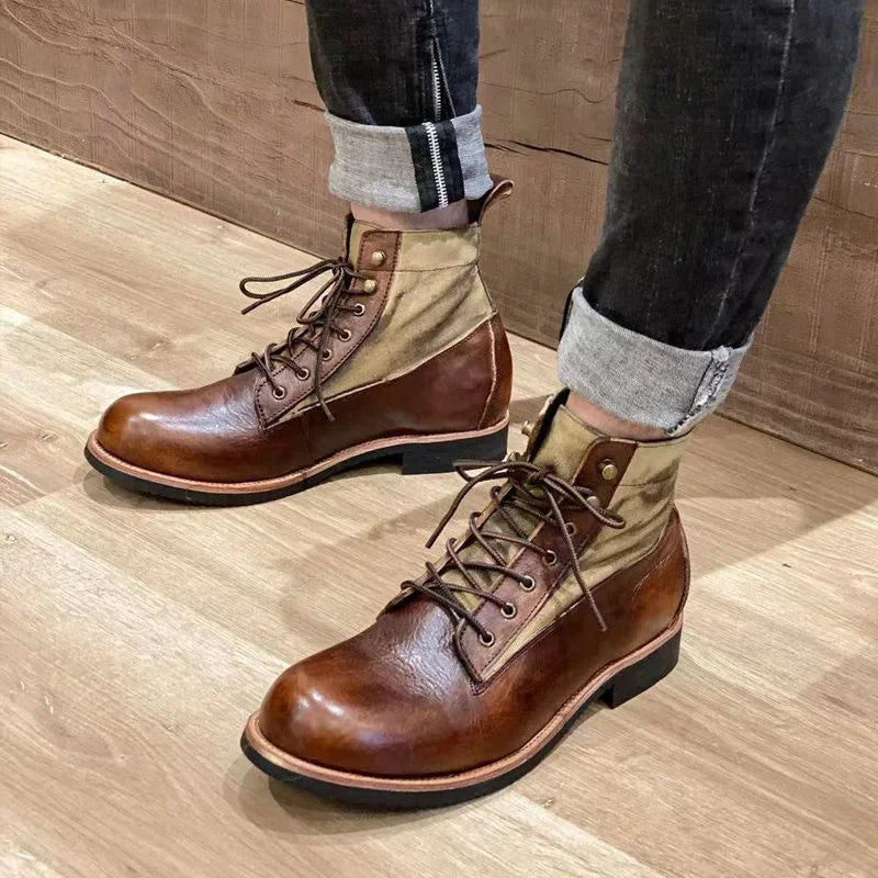 Mens Winter Plus Velvet Cotton Boots Japanese Style Comfortable Warm Motorcycle Boots Men Trendy All-match Lace-up Leather Boots