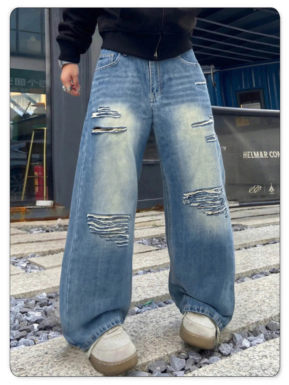 LIYS American Retro Blue Baggy Wide Leg Men's Jeans Four Seasons Street Straight Casual Ripped Denim Pants Youth Clothes Unisex