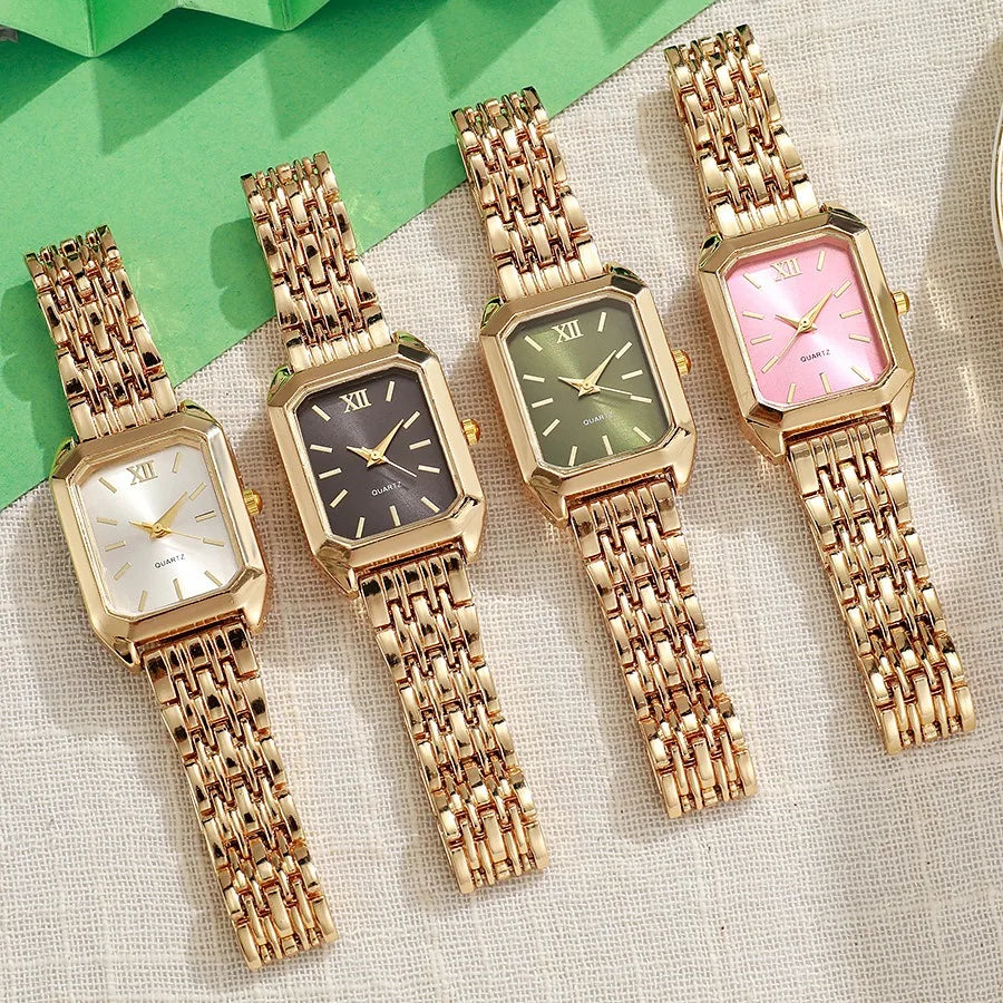 Luxury Women's Quartz Watch Set Fashion Alloy Band Business Ladies Watches Square Quality Gold Plated Folding Female Clock