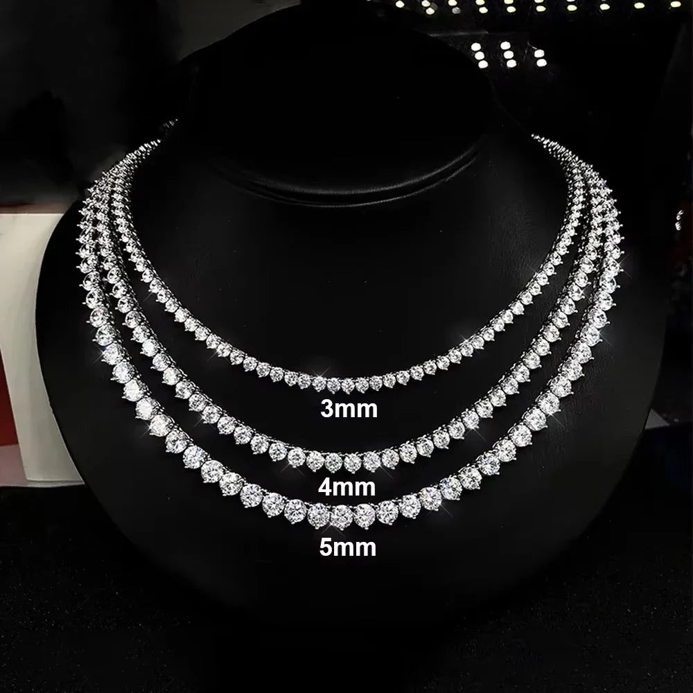 3/4/5mm  Moissanite Tennis Necklaces for Women Men 925 Sterling Silver 3-Prong Setting Diamond Riviera Necklace With Certificate