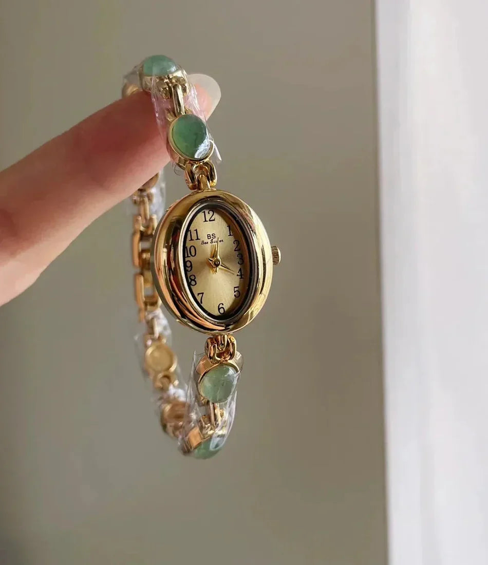 Luxury Vintage Quartz Women's Watches Fashion Natural Green Jade Bracelet Clock Numerals Small Oval Dial Watch Woman Accesories