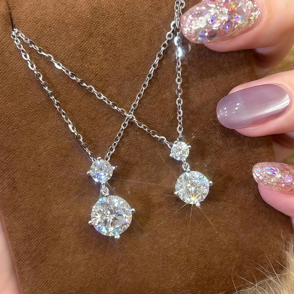 2stones Moissanite Pendant Necklaces for Women 2.5carat Round Brilliant Cut Diamond Stacking Neck Chain 925 Silver Fine Jewelry