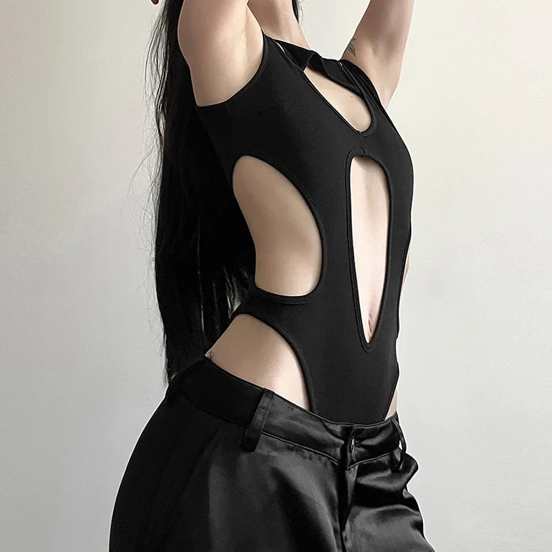 Mall Gothic Hollow Out Sexy Bodysuits Techwear Fashion Y2k Patchwork Tops Women Grunge Backless High Cut Slim Bodysuit