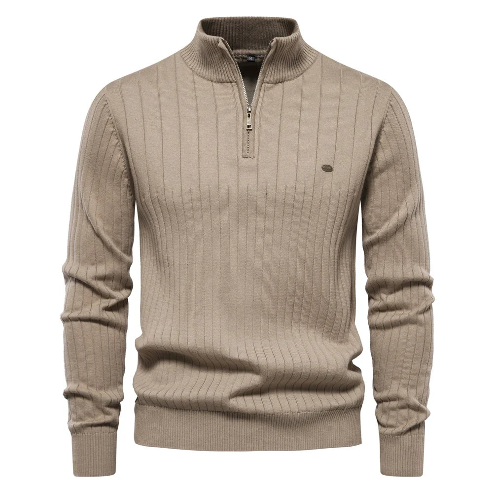 2024 Autumn Quarter Zipper Mock Neck Pullover Sweaters for Men Quality Warm Winter Cotton Knitted Men's Sweaters
