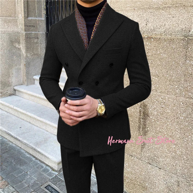 Wool Blend Men's 2 Piece Suit Set（Jacket+Pants) Double Breasted Lapel Suit Set Wedding  Prom Dinner Wrok Travel Dinner Banquet