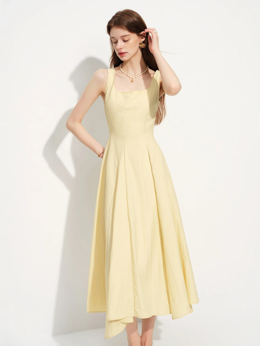 2026 Summer Women's Square Neck A-Line Midi Dress, Sleeveless Waist-Cinching Flowy Maxi for Minimalist Quiet Luxury Style