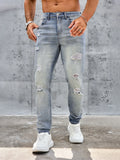 Men's Casual Slim Fit Stretch Jeans-Ripped Blue Denim Trousers Spring and Summer Pants Elastane Fabric