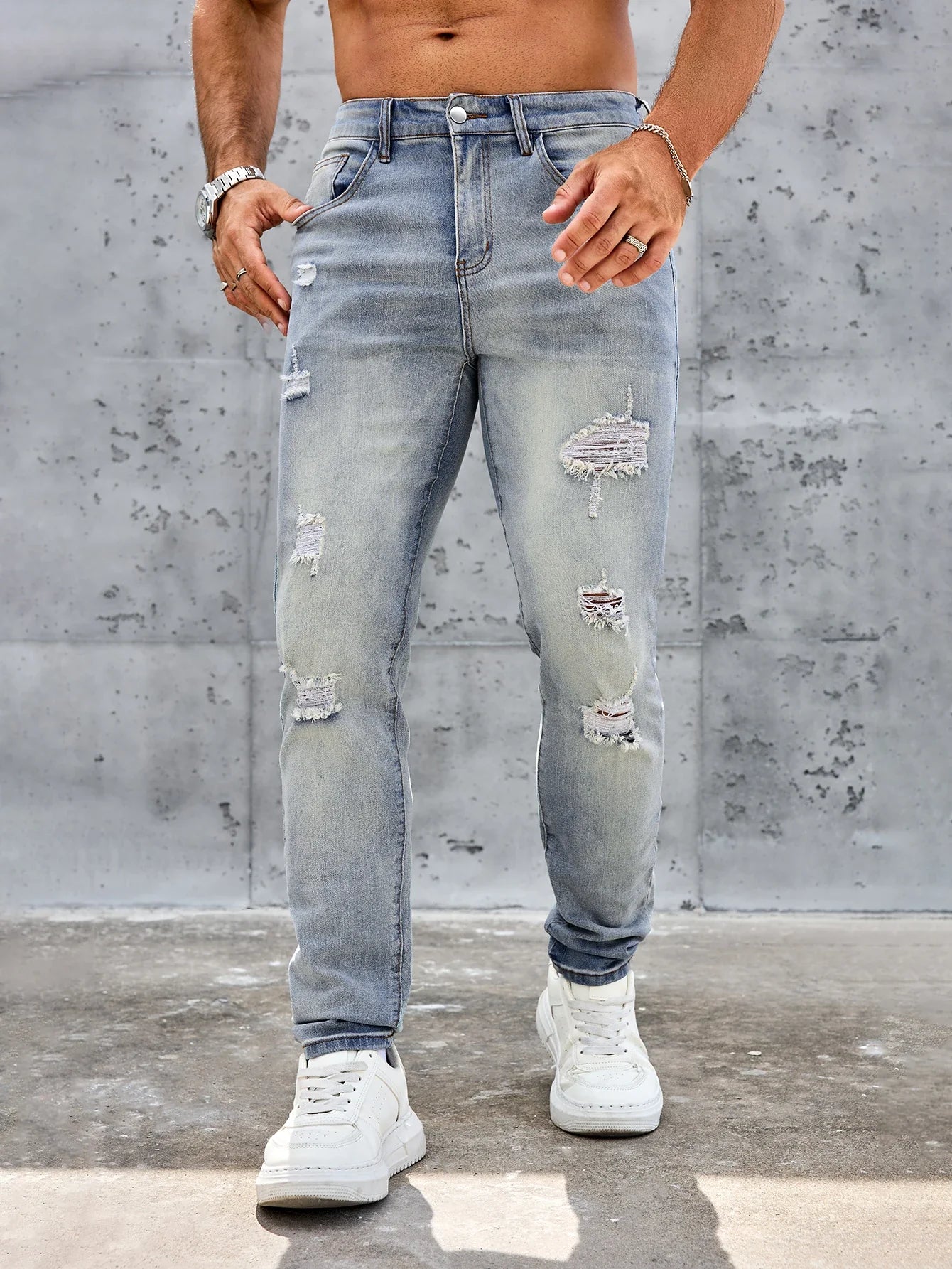 Men's Casual Slim Fit Stretch Jeans-Ripped Blue Denim Trousers Spring and Summer Pants Elastane Fabric