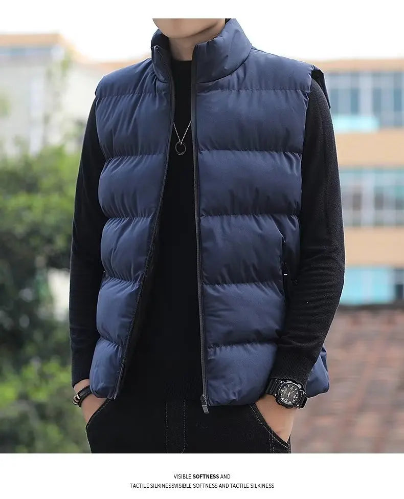 Men's down Vest Thickened Casual Style Stand Collar Jacket Autumn Winter New Fashion Youth Active Fit Zipper Pocket Daily Wear