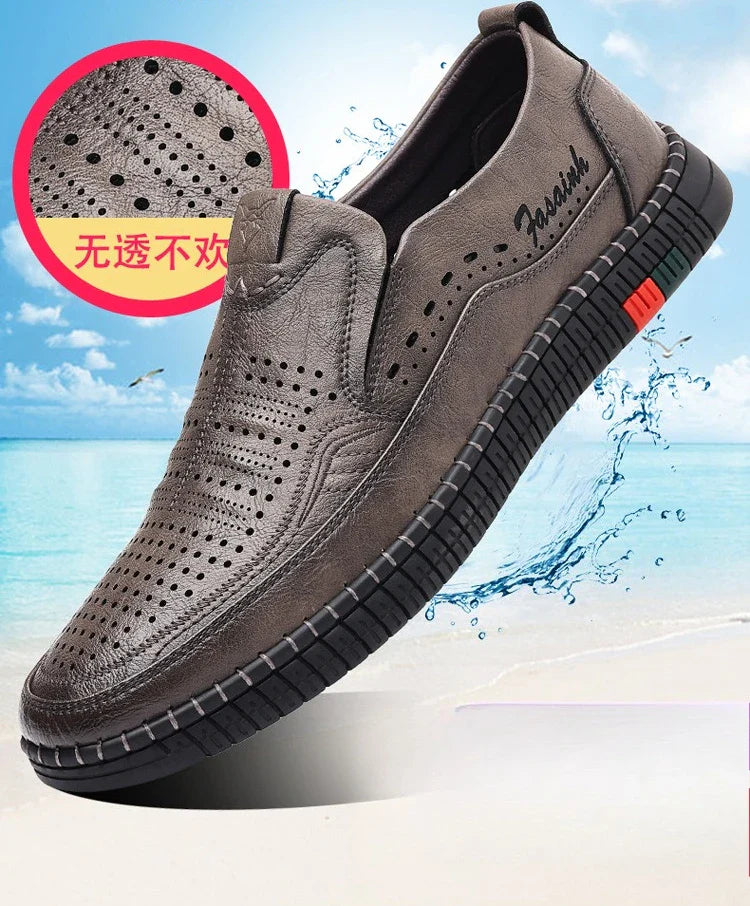 Summer New Breathable Hallow Leather Shoes for Men Solid Color Fashion Casual Driving Shoes Male Low Top Flat Shoes Man
