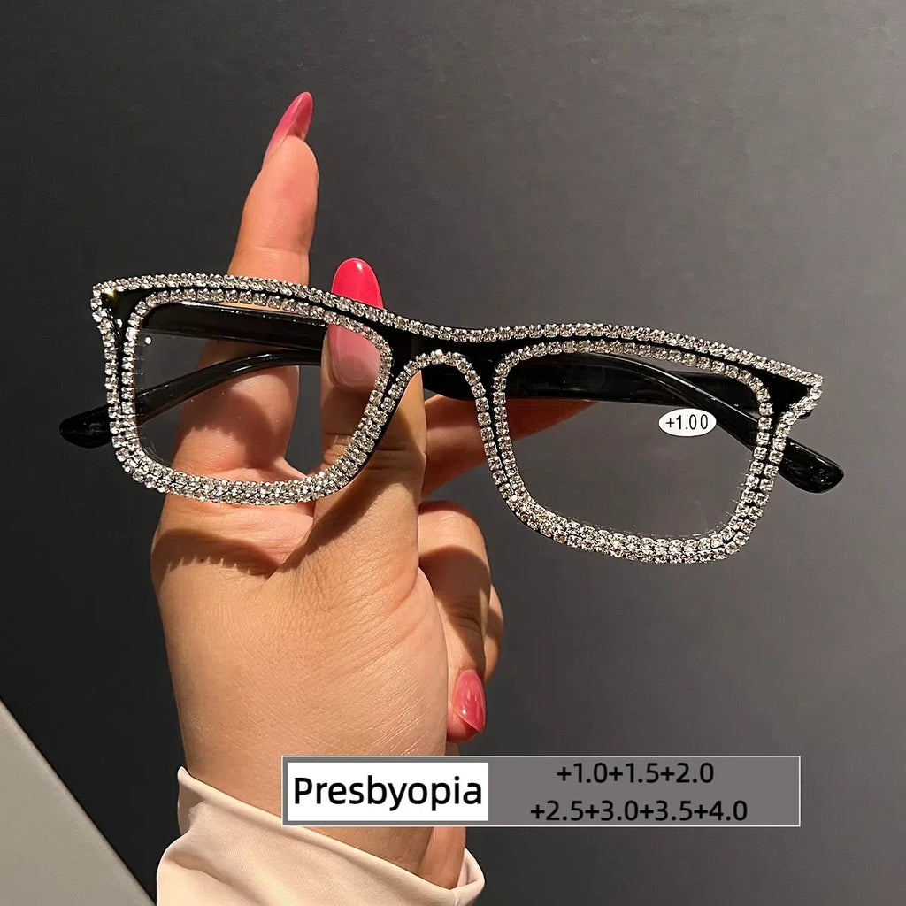 Luxury Women's Rectangle Rhinestone Reading Glasses Ultralight Small Frame Trendy Clear Lenses Presbyopia Eyeglasses with Degree