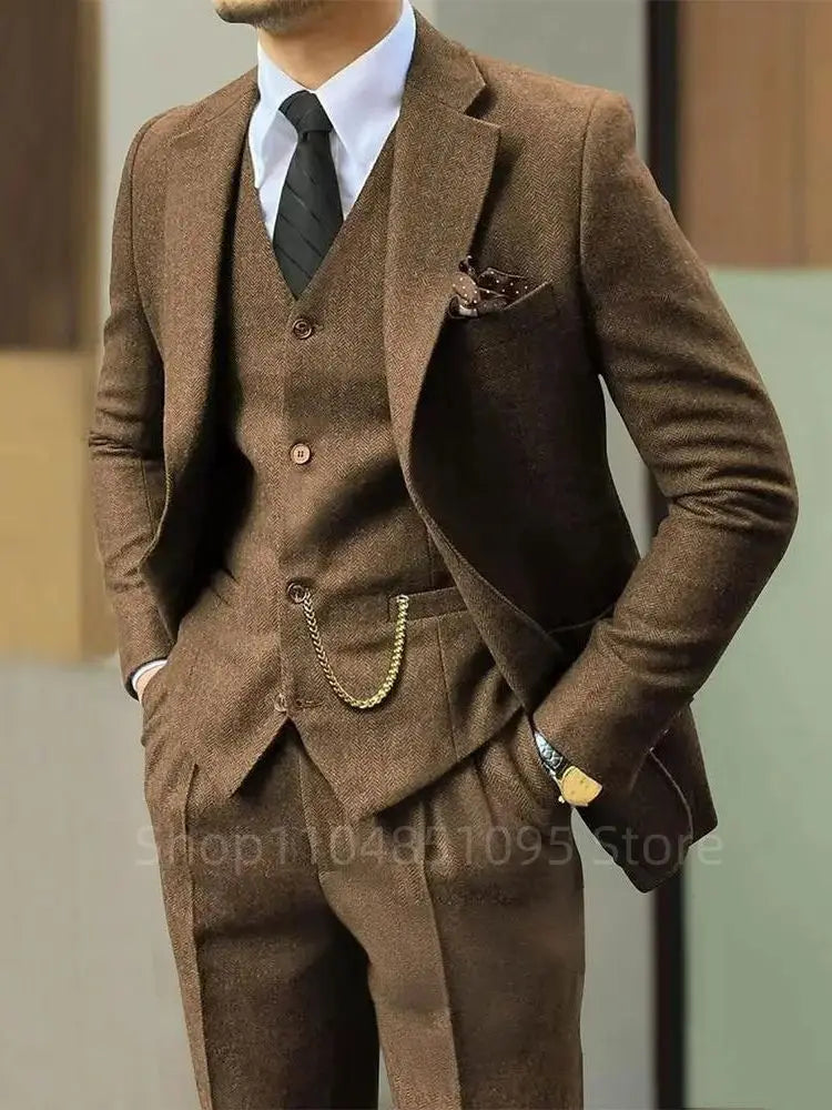 Black/Brown Men 3 Pieces Herringbone Suit Formal Business Tweed Groom Tuxedo for Men Wedding Men's Suit Jacket Vest Pants Set