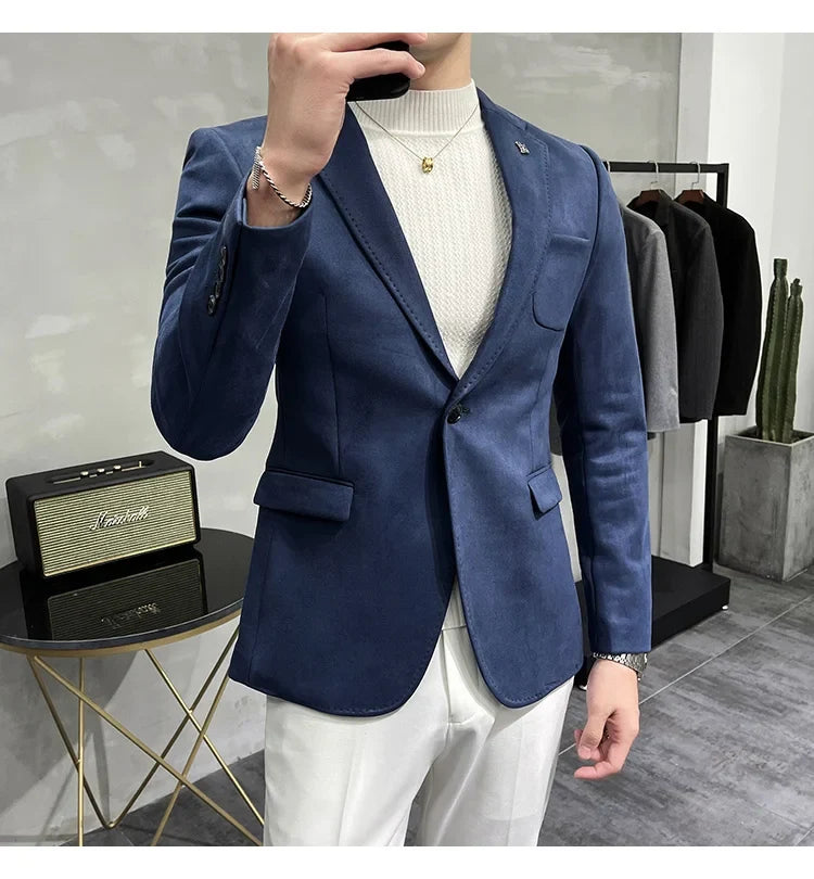Plus Size 4XL-M Autumn Deerskin Velvet Jackets Blazer 6 Color Men Business Slim Blazers Hommes Casual Wedding Tuxedo Suit Coat